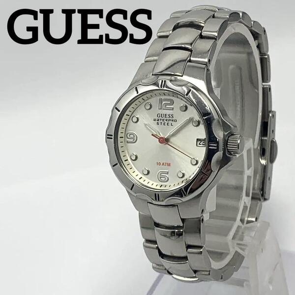 356 稼働品 GUESS レディース 腕時計 ゲス WATER PRO シルバー デイト 日付 新品電池交換済 クオーツ式 美品 人気 希少 スクリューパック
