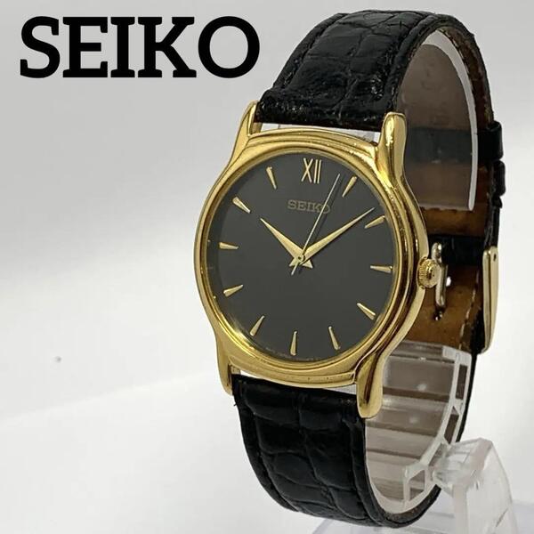 368 稼働品 SEIKO メンズ 腕時計 セイコー ブラック ゴールド GOLD 新品電池交換済 クオーツ式 人気 希少 ビンテージ