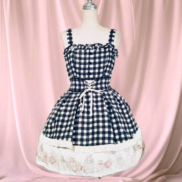 【新品 LIZ LISA リズリサ】パフュームボトルギンガムチェックジャンスカ*ワンピース*黒*ロリータ ガーリー 甘ロリ ゆめかわいい