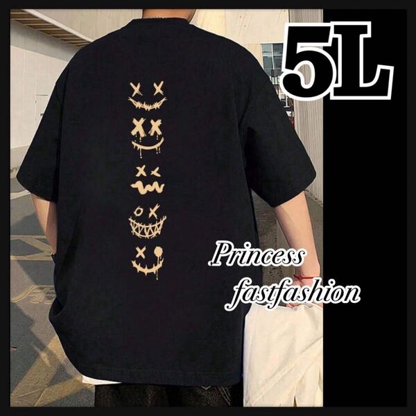 【5L/ブラック】スマイル 表情デザイン 半袖Tシャツ 大きいサイズ 男女兼用 メンズ レディース