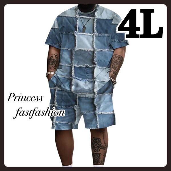 【4L】フェイクデニム プリント柄 半袖Tシャツ&ショートパンツ 上下セット 大きいサイズ メンズ レディース