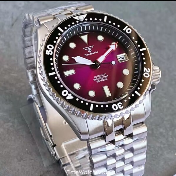 【新品未使用】自動巻き腕時計パープル文字盤ブラックベゼルシルバーベルト防水ビジネスウォッチ機械式 夜光針