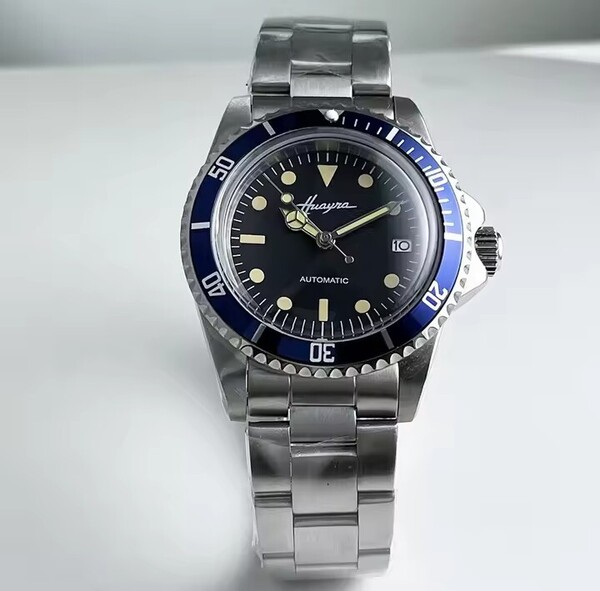 【新品未使用】自動巻き腕時計シルバーベルトブラック文字盤青ビジネスウォッチ機械式サファイアガラス防水