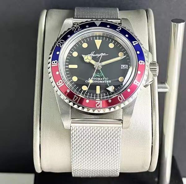 【新品未使用】自動巻き腕時計シルバーベルトブラック文字盤赤青ビジネスウォッチ機械式防水