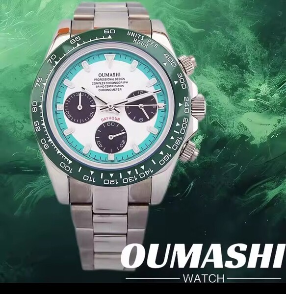 【新品未使用】 クオーツ 腕時計 クロノグラフシルバーベルトホワイト文字盤ビジネスウォッチ防水サファイアガラス緑
