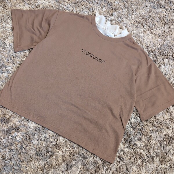 【WEGO】ウイゴー/重ね着風 半袖Tシャツ(F/子供160cm可)茶色&白襟/トップス. Tシャツ/通学.カジュアル.遠足.移動教室