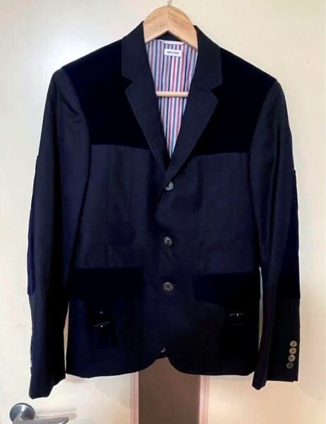 新品同様 Thom Browne トムブラウン コーデュロイテーラードジャケット シングルブレザー バイカラー パッチワーク メンズ ネイビー