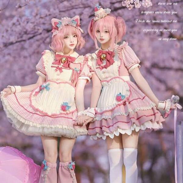 桜姫 イチゴストライプ ロリータメイドワンピース XS 小物付き いちご メイド服