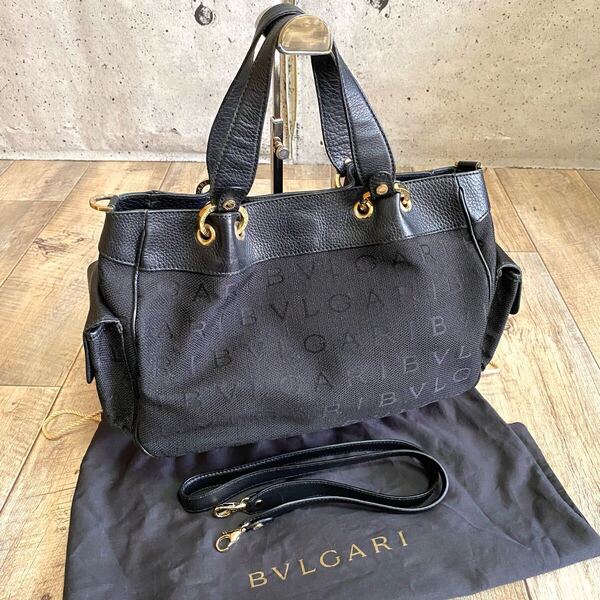 本物☆BVLGARI ブルガリ 2way ロゴ キャンバス トートバッグ ショルダーバッグ 黒 レザーバッグ 斜めがけ ハンドバッグ レディース メンズ