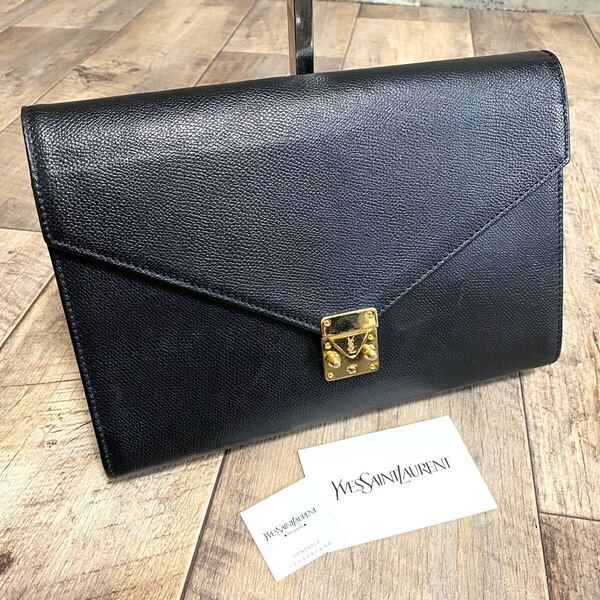 本物 イヴサンローラン YSL ゴールド金具 クラッチバッグ 黒 レザーバッグ セカンドバッグ ビジネスバッグ ヴィンテージ メンズ レディース