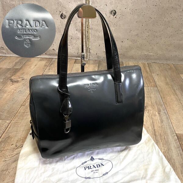 本物 PRADA プラダ エナメル ロゴ レザーバッグ ハンドバッグ 黒 グレー ミニトートバッグ ミニボストンバッグ オールド レディース メンズ