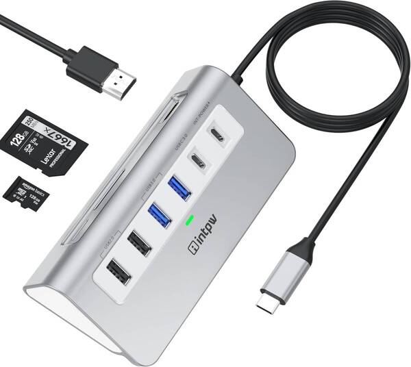 USB C ハブ intpw 9-IN-1 USBハブ Type-c 4K HDMI PD 100W 3 USB 3.0 5Gbps 2 USB A 2.0 SD/TF スロットiPhone 16/15シリーズ MacBook、