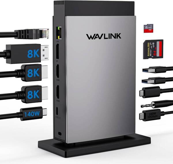 WAVLINK USB-Cドッキングステーション 11-in-1、最大3画面対応(単画面8Kまたは3画面4K)125W PD3.1パススルー、HDMI×2+DP搭載、MacBook