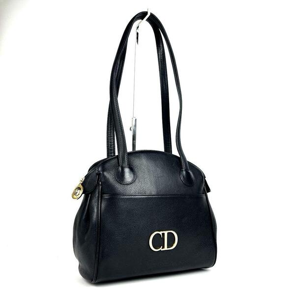 【美品】Christian Dior ディオール ワンショルダー 肩掛け CD金具 オーバル ゴールド金具 トートバッグ レザー ブラック 黒色 フォーマル