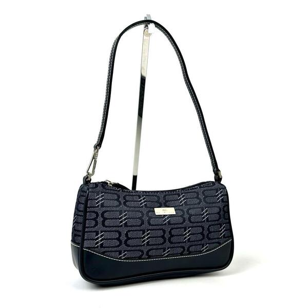 【美品】BALENCIAGA バレンシアガ ワンショルダー 肩掛け BB 総柄 ハンドバッグ レザー キャンバス 濃紺 ダークネイビー 黒系 フォーマル