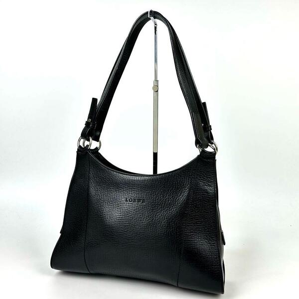 美品●LOEWE ロエベ ワンショルダー 肩掛け ロゴ型押し トートバッグ 裏地総柄 シボ革 レザー 黒色 ブラック フォーマル 男女兼用