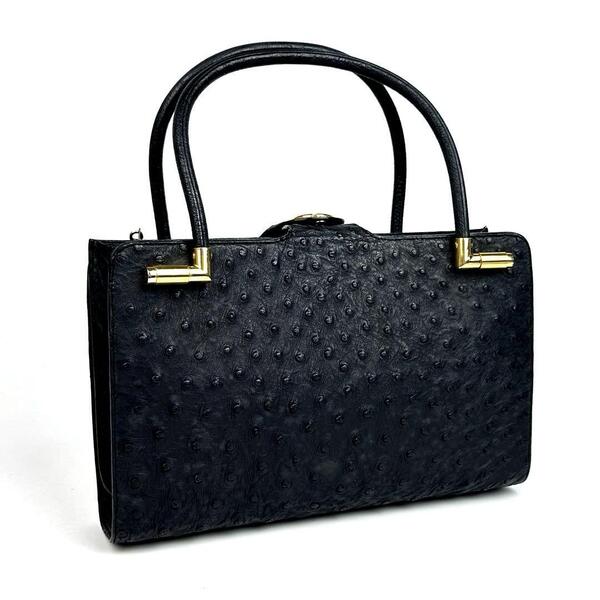 【美品】Christian Dior ディオール ハンドバッグ CD ゴールド金具 ミニ トートバッグ オーストリッチ レザー 黒色 ブラック フォーマル