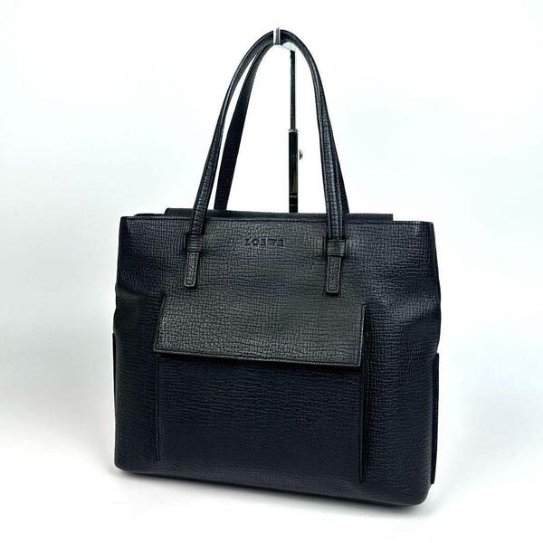 美品●LOEWE ロエベ ハンドバッグ ロゴ型押し 裏地総柄 アナグラム ミニ トートバッグ シボ革 レザー 黒 ブラック フォーマル 男女兼用