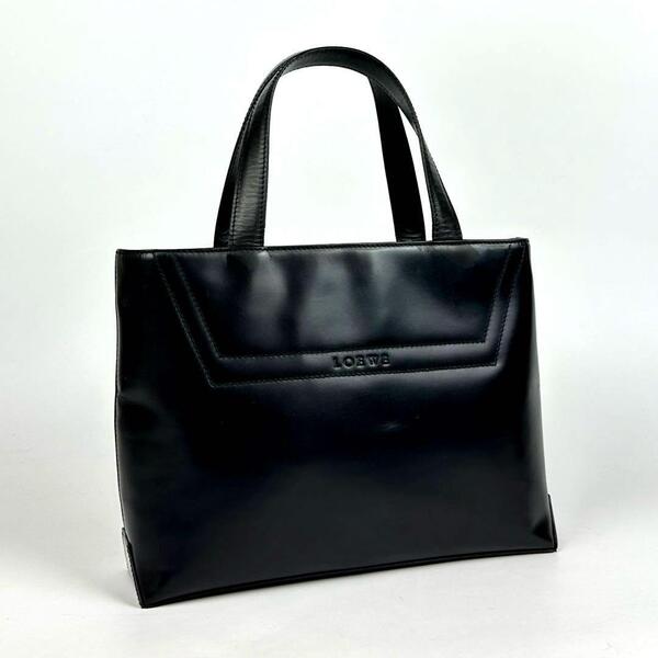 人気●LOEWE ロエベ ハンドバッグ ロゴ型押し ゴールド金具 アナグラム 裏地総柄 ミニトート レザー 黒色 ブラック フォーマル 男女兼用