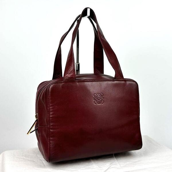 人気●LOEWE ロエベ ハンドバッグ アナグラム ロゴ型押し ミニボストン 裏地総柄 ナッパレザー ボルドー ワインレッド 赤系 男女兼用