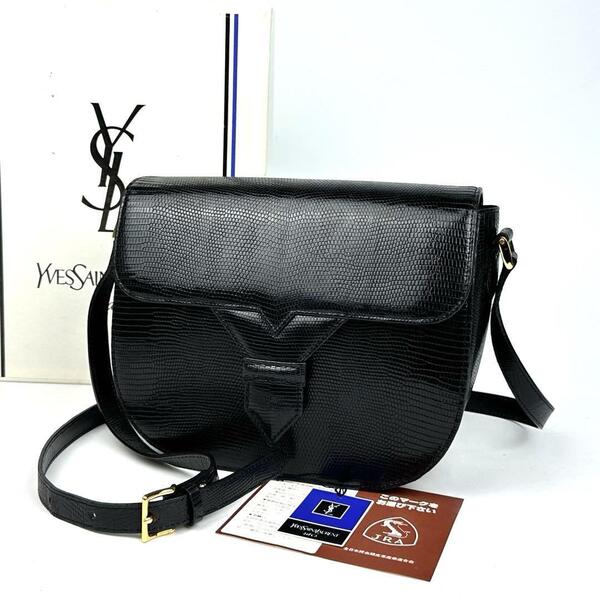 美品■Yves Saint Laurent イヴサンローラン ショルダーバッグ Yロゴ 裏地総柄 斜め掛け リザード レザー ブラック 黒 フォーマル 男女兼用