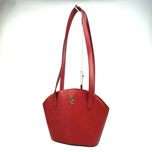【美品】Yves Saint Laurent イヴサンローラン ショルダーバッグ YSL カサンドラ 唐草模様 裏地総柄 肩掛け トートバッグ レザー 赤 レッド