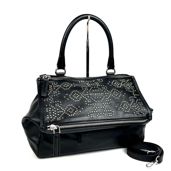 美品■GIVENCHY ジバンシー ショルダーバッグ 2way ボックス パンドラ スタッズ 斜め掛け トートバッグ カーフレザー 黒 ブラック 男女兼用