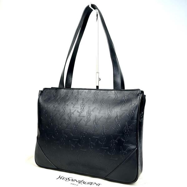 極美品■Yves Saint Laurent イヴサンローラン ワンショルダー 肩掛け YSL カサンドラ エンボス トートバッグ レザー 黒 ブラック 男女兼用