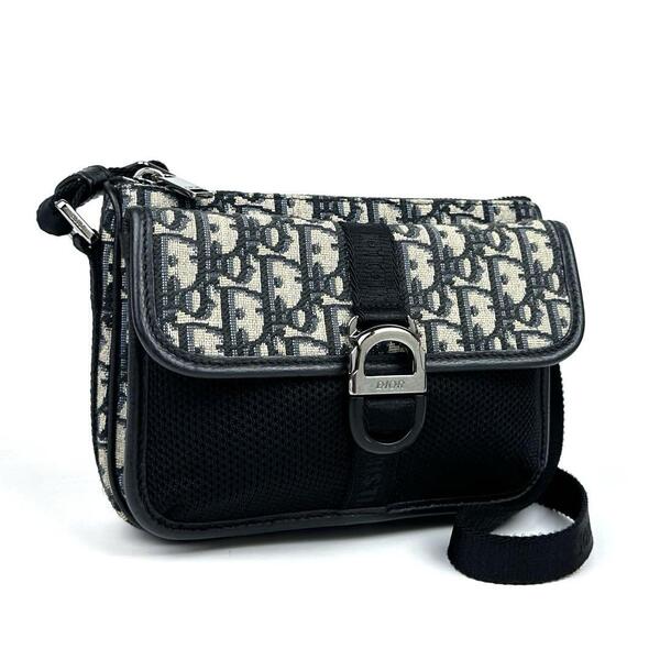 極美品■Christian Dior ディオール ショルダーバッグ ミニ オブリーク トロッター メッシュ キャンバス ブラック 黒 紺 ネイビー ベージュ