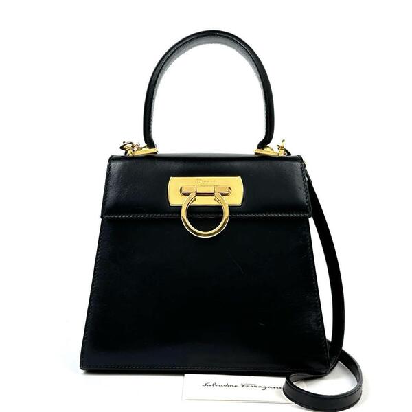 【定番品】Salvatore Ferragamo サルヴァトーレフェラガモ ハンドバッグ 2way ガンチーニ 斜め掛け ショルダーバッグ レザー 黒色 ブラック