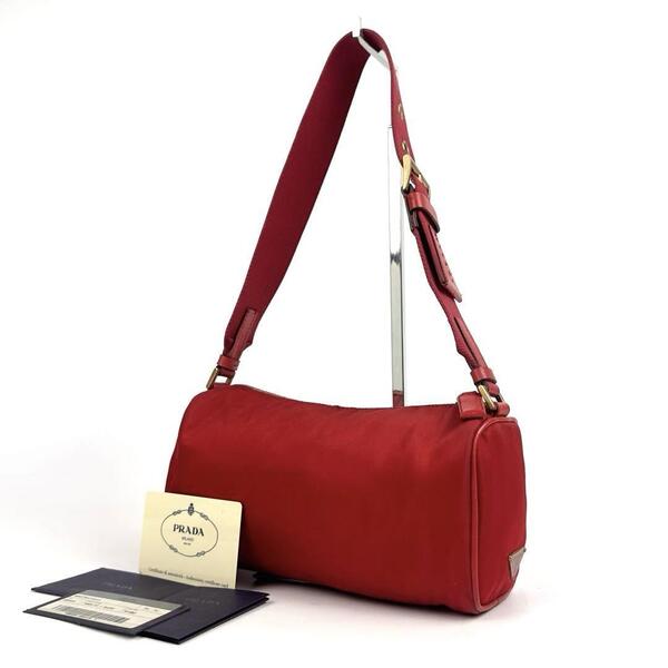 【美品】PRADA プラダ ワンショルダー 肩掛け 三角ロゴプレート 白タグ 裏地総柄 ショルダーバッグ テスートナイロン 赤 レッド フォーマル