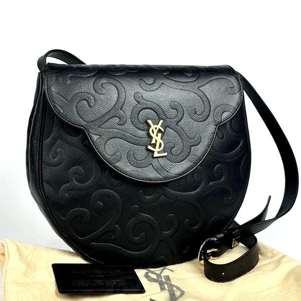 【美品】Yves Saint Laurent イヴサンローラン ショルダーバッグ YSL カサンドラ 唐草 総柄 裏地総柄 斜め掛け シボ革 レザー ブラック 黒