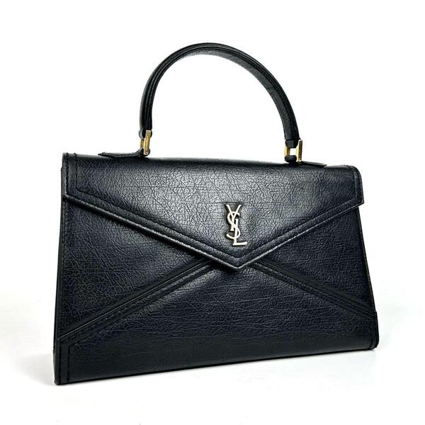 美品■Yves Saint Laurent イヴサンローラン ハンドバッグ YSL カサンドラ 裏地総柄 ミニボストン レザー ブラック 黒 フォーマル 男女兼用