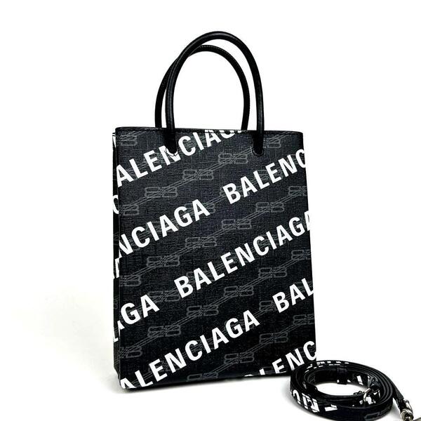 【極美品】BALENCIAGA バレンシアガ ショッピングトート 2way BB モノグラム 総柄 斜め掛け ショルダーバッグ レザー 黒 ブラック 男女兼用