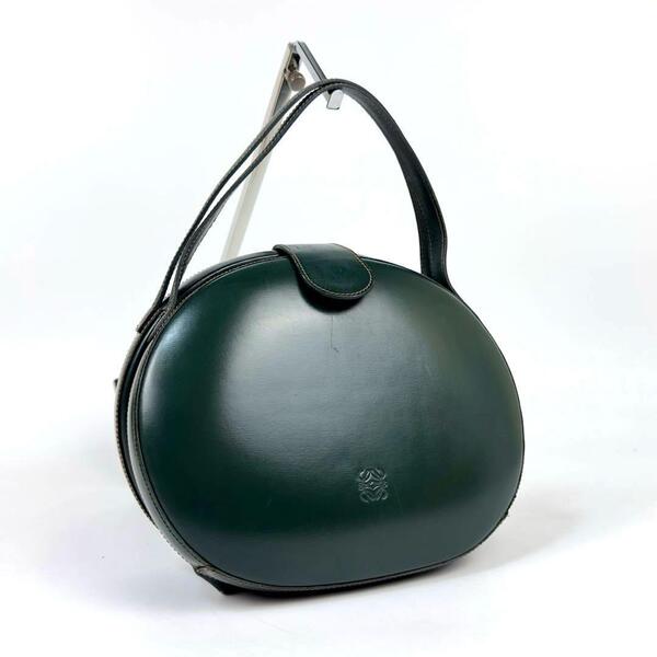 美品●LOEWE ロエベ ハンドバッグ アナグラム ロゴ型押し ラウンド ステッチ サークル がま口 レザー 深緑 ダークグリーン 男女兼用