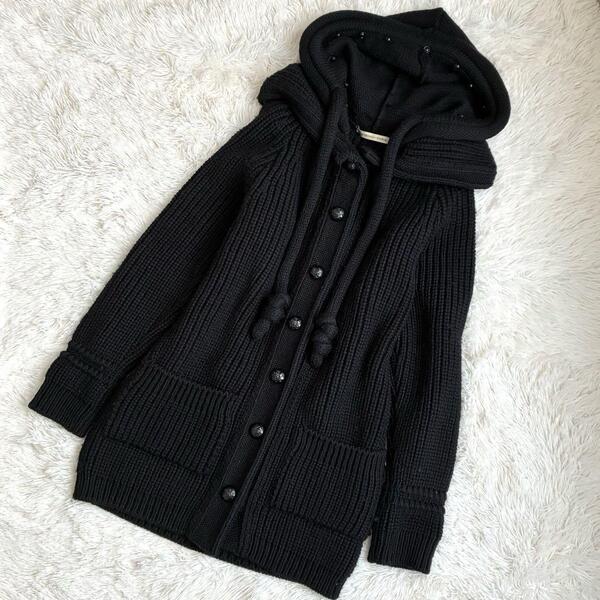 【美品】BALENCIAGA バレンシアガ ニット ロング コート フーデット カーディガン ロング丈 ウール 黒色 ブラック サイズ40 M~L相当