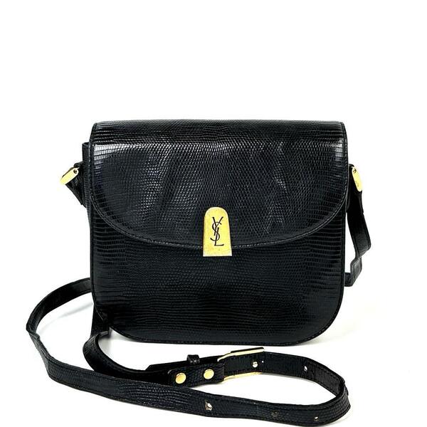 美品■Yves Saint Laurent イヴサンローラン ショルダーバッグ YSL カサンドラ 裏地総柄 斜め掛け リザード レザー ブラック 黒 フォーマル