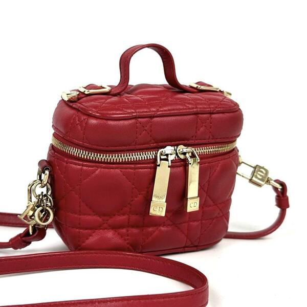 【極美品】Christian Dior ディオール ショルダーバッグ 2way マイクロ バニティ カナージュ キルティング 斜め掛け ラム レザー 赤 レッド