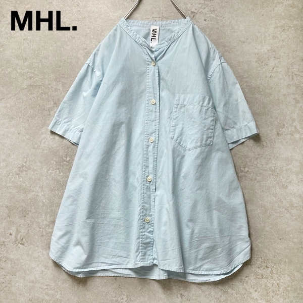 * MHL. マーガレットハウエル コットンリネン バンドカラーシャツ 半袖 五分袖 ライトブルー 水色 3サイズ 日本製 MARGARET HOWELL