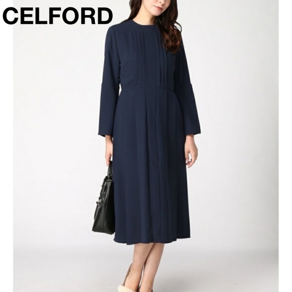 *セルフォード 上品 バックサテンプリーツワンピース ロング丈 フレア Aライン ネイビー 紺 38サイズ CELFORD フォーマルにも