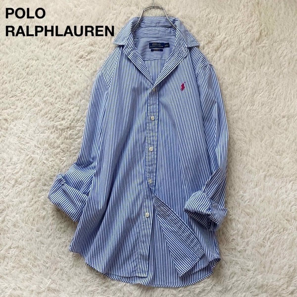 *ポロラルフローレン 長袖ストライプシャツ コットン ロゴ刺繍 ポニー ブルー ホワイト 4サイズ POLO RALPH LAUREN 美品