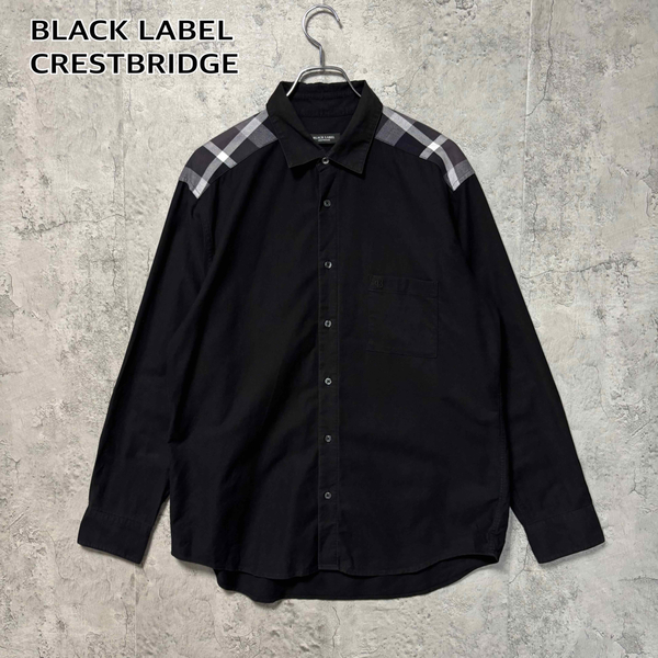 *ブラックレーベルクレストブリッジ 長袖シャツ チェック柄 ロゴ刺繍 ワイドカラー 黒 ブラック Lサイズ BLACK LABEL CRESTBRIDGE