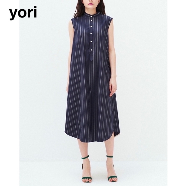 * yori バックドレープ シャツワンピース ストライプ バンドカラー ノースリーブ ロング丈 ネイビー ホワイト フリーサイズ ヨリ