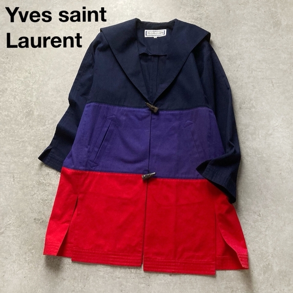*イヴサンローラン ヴィンテージ コットンロングコート 配色 トグルボタン Vネック セーラーカラー Mサイズ Yves Saint Laurent