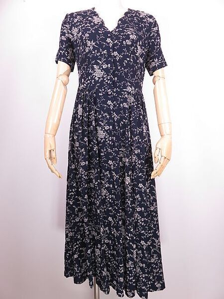 【送料無料】ローラアシュレイ LAURA ASHLEY 半袖ロングワンピース 花柄 紺 9AR/M