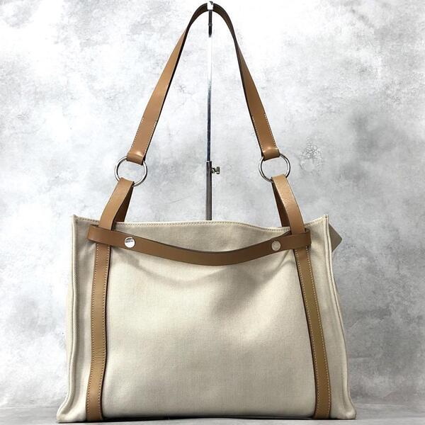 HERMES エルメス カバリコル 2way トートバッグ ショルダーバッグ トワルシェブロン 肩がけ A4 大容量 ベージュ ホワイト 刻印:ARP
