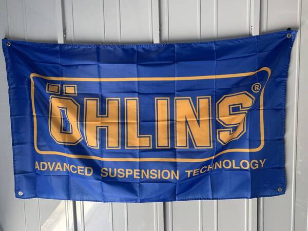 【送料込み】 オーリンズ OHLINS 特大フラッグ 青 約90x150cmバナー タペストリー 旗 ガレージ装飾 バイク