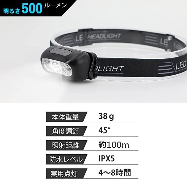 正規品 USB充電式 センサー搭載 ヘッドライト IPX5防水 500LM ヘッドランプ 高輝度 45°角度調節 釣り 登山 キャンプ 防災