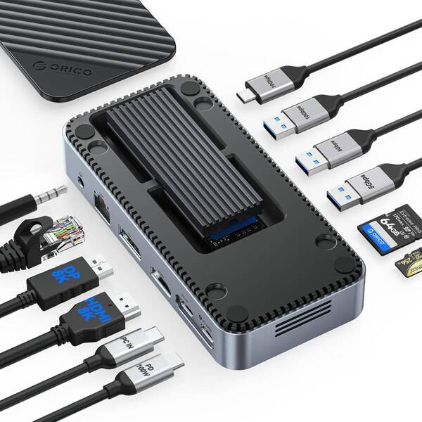 ORICO 12-in-1 USB C ハブ M.2 SSDケース 【工具不要】 ドッキングステーション 内蔵ファン付き 10Gbps USB-C & USB-Aポート