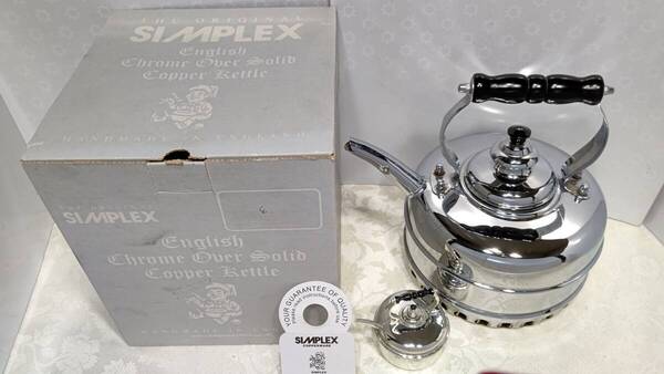 605-10 英国製 ハンドメイド SIMPLEX やかん Chrome over Solid Copper Kettle No.786743 オマケ:ミニチュア キッチンタイマー 箱入り